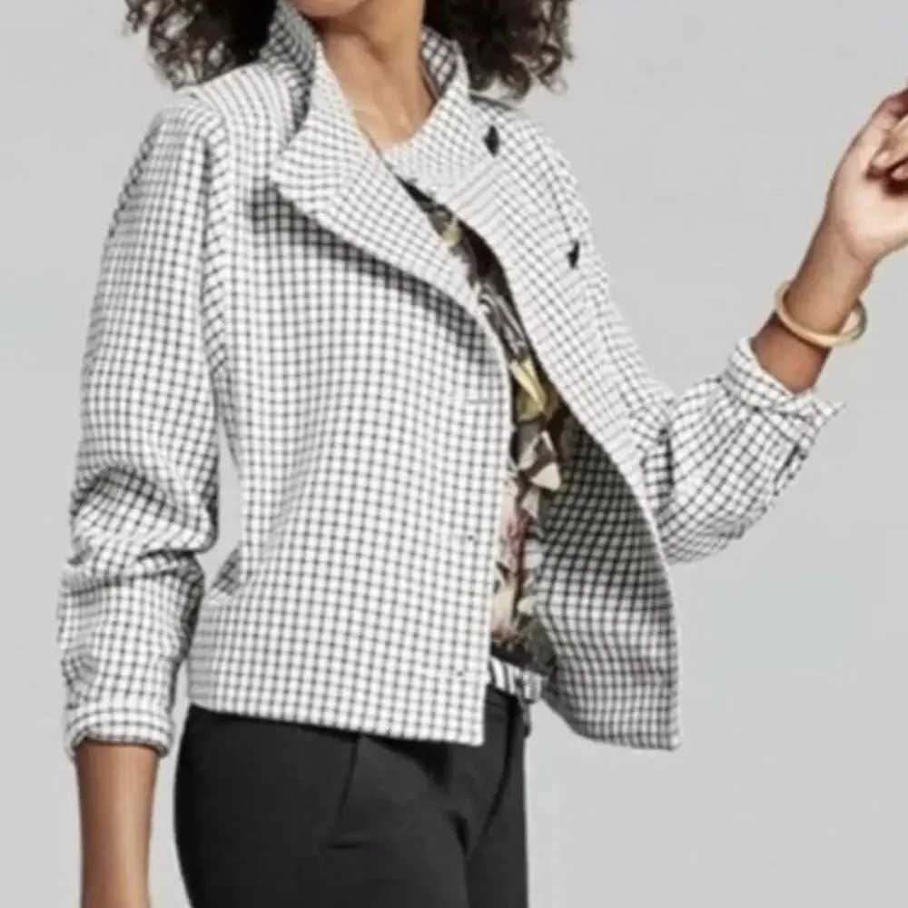 CAbi Windowpane Jacket Unlined Asymmetrical Front Black White #3173 Women's XS